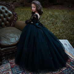 Black Long Sleeve Appliques Lace Pearl Bateau Tulle Princess Flower Girl Dress-27dress