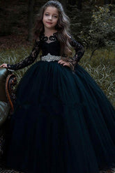 Black Long Sleeve Appliques Lace Pearl Bateau Tulle Princess Flower Girl Dress-27dress
