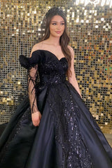 Black Long Sleeve Prom Dress One Shoulder Ball Gown With Beads-27dress