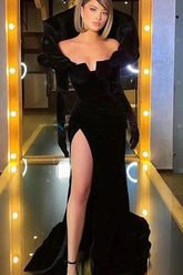 Black Long Sleeves Pleated Mermaid Prom Dress With High Split