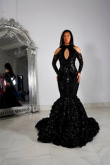 Black Long Sleeves Prom Dress With Appliques Long Flowers Mermaid