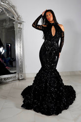 Black Long Sleeves Prom Dress With Appliques Long Flowers Mermaid