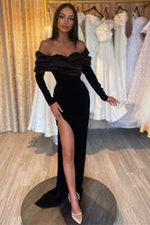 Black Mermaid Prom Dress Half Sleeves Pleated With High Split