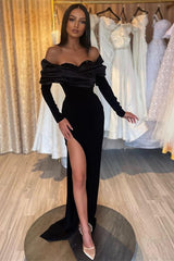Black Mermaid Prom Dress Half Sleeves Pleated With High Split