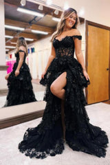Black Off-the-shoulder A-line Long Prom Dress with Lace Appliques-27dress