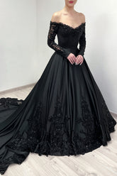 Black Off-the-Shoulder Ball Gown Wedding Dress with Sleeves-27dress