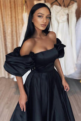Black Off the Shoulder Bubble Sleeves Long Prom Dress A Line