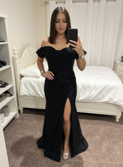 27DRESS Black Off-the-Shoulder Mermaid Sequined Evening Dresses with Slit