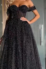 Black Off the Shoulder Sweetheart A Line Beads Prom Dress With Tulle