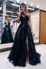 Black One Shoulder A Line Prom Dress Side Split Tulle With Appliques