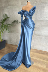 Black One Shoulder Long Sleeve Lace Pleated Long Prom Dress With Side Split