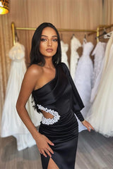 Black One Shoulder Pleated Prom Dress One Long Sleeve With Beading