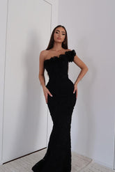 Black One Shoulder Sleeveless Lace Appliques Mermaid Long Prom Dress