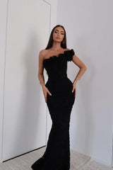 Black One Shoulder Sleeveless Lace Appliques Mermaid Long Prom Dress