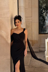 Black One Shoulder Sleeveless Split Mermaid Long Ruffles Prom Dress