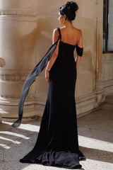 Black One Shoulder Sleeveless Split Mermaid Long Ruffles Prom Dress