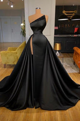 Black Overskirt One Shoulder Sleeveless Long Split Prom Dress With Beadings