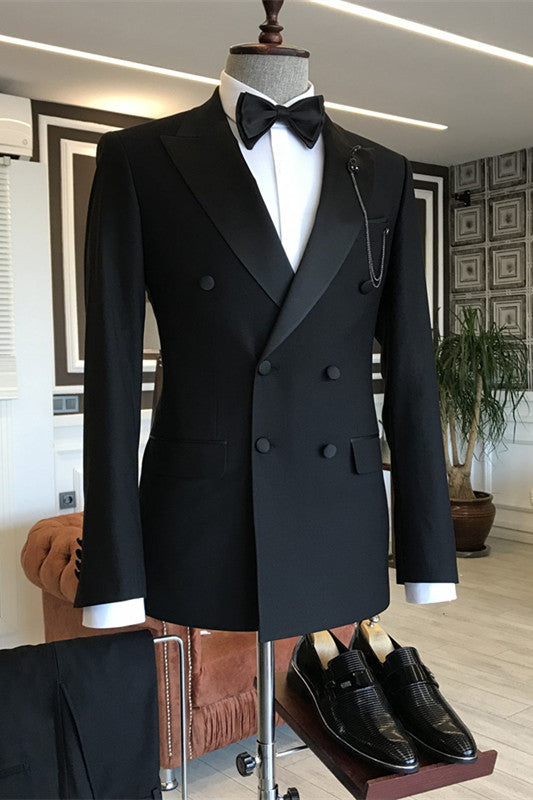 Black Peaked Lapel Double Breasted Slim Fit Men Suits For Business