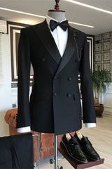 Black Peaked Lapel Double Breasted Slim Fit Men Suits For Business
