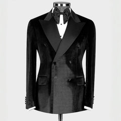 Peaked Lapel Double Breasted Velvet Black Prom Suits