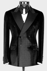 Peaked Lapel Double Breasted Velvet Black Prom Suits