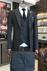 Peaked Lapel Three Pieces Close Fitting Black Business Suits