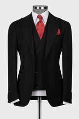 Peaked Lapel Three Pieces Men Black Wedding Suits