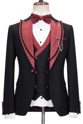 Peaked Lapel Three Pieces Black Prom Suits