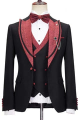 Peaked Lapel Three Pieces Black Prom Suits