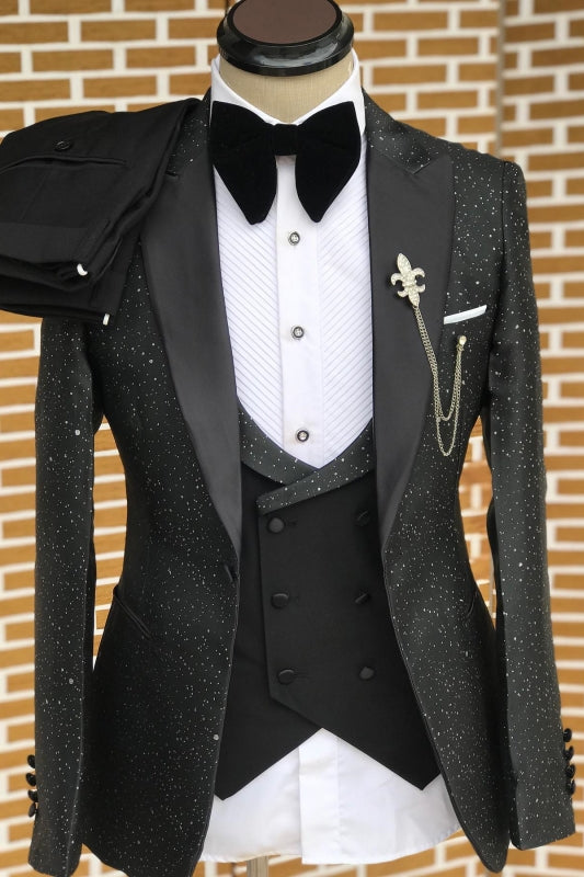 Peaked Lapel Three Pieces Sequins Close Fitting Black Prom Suits