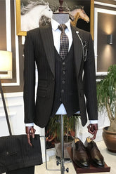 Black Peaked Lapel Three Pieces Striped Business Men Suits
