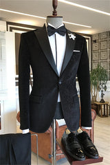 Black Peaked Lapel Two Pieces Bespoke Corduroy Men Suits For Wedding
