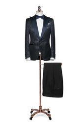 Peaked Lapel Two Pieces Jacquard Slim Fit Black Prom Suits