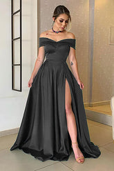 Black Satin A-line Off-the-Shoulder Long Prom Dress with Split-27dress