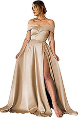 Black Satin A-line Off-the-Shoulder Long Prom Dress with Split-27dress