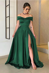 Black Satin A-line Off-the-Shoulder Long Prom Dress with Split-27dress