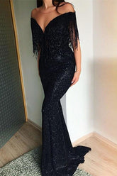 Black Sequins Off the Shoulder Strapless Mermaid Prom Dress With Tassel