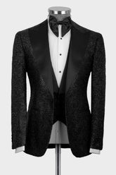 Sequins Peaked Lapel Three Pieces Black Prom Suits For Men