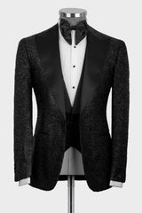 Sequins Peaked Lapel Three Pieces Black Prom Suits For Men