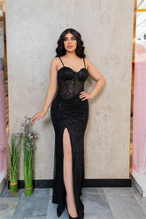 Black Sequins Spaghetti Strap Sweetheart Sleeveless Long Prom Dress With Split