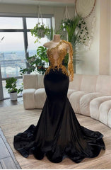 Black Sexy Elegant Embroidery One Shoulder Mermaid Long Prom Dress