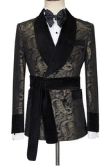 Shawl Lapel Double Breasted Jacquard Black Wedding Suits