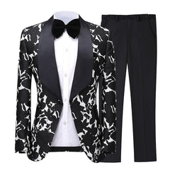 Shawl Lapel Jacquard Two Pieces Black Wedding Suits