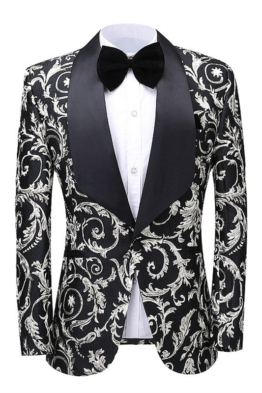 Shawl Lapel Jacquard Black Wedding Suits For Men