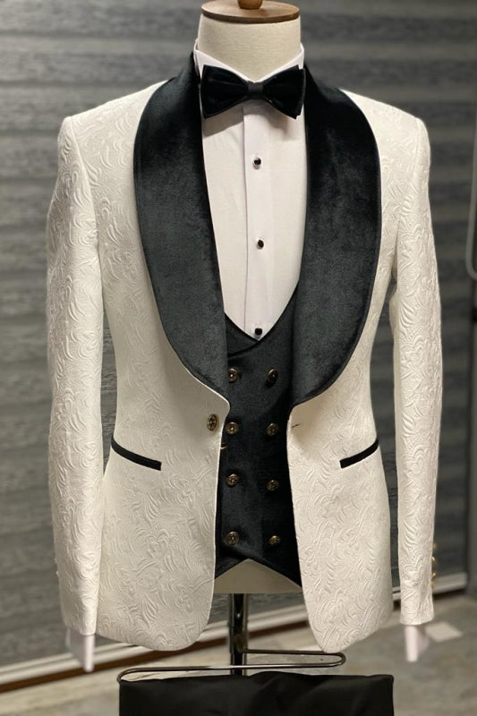 Shawl Lapel Three Pieces Jacquard Black Wedding Suits