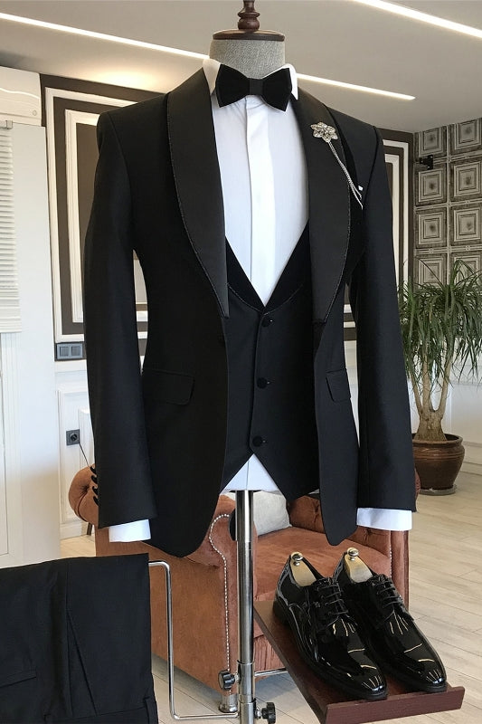 Shawl Lapel Three Pieces Black Wedding Suits