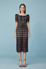 27Dress Black Short Sleeves Square Neck Dresses with Bow