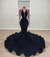 Black Sleeveless Deep V Neck Long Mermaid Halter Prom Dress With Sequins