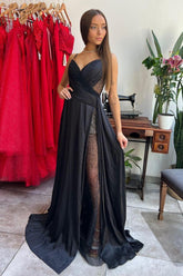 Black Sleeveless Long Prom Dress With Split V Neck With Pleated