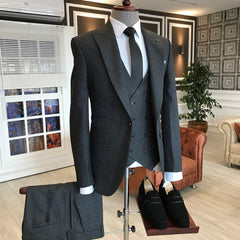 Small Plaid Peaked Lapel Double Breasted Waistcoat Custom Black Business Suits